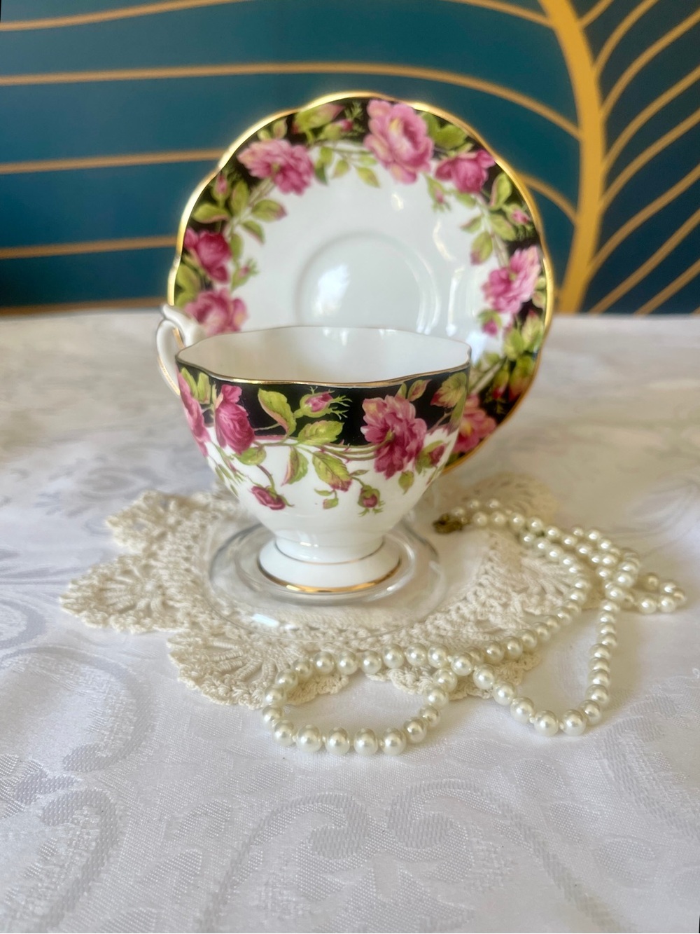 Vintage Queen Anne Black Magic Tea Cup Saucer Pink Roses